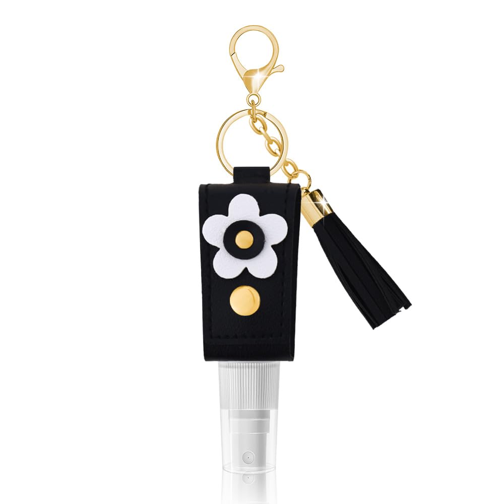 Hand Sanitizer Holder Keychain for Women 30ml Disinfectant Spray Bottle Keyring for Women Girls Refillable Travel Containers Mini Perfume Toner Spray Bottle Black Handbag Accessories