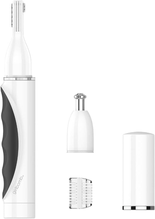 Conair GIRLBOMB Nose Hair Trimmer for Women, Battery-Operated Face Hair Removal for Women, Diamond-Shaped 360° Beveled Blade, LED Light, Packaging May Vary, White