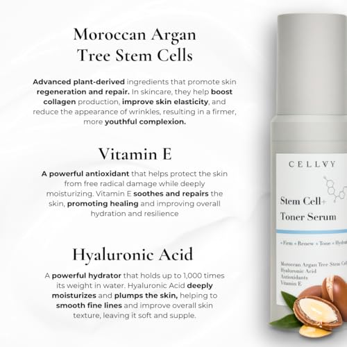CELLVY Korean Stem Cell + Toner Serum w/Moroccan Argan Tree Stem Cells, Hyaluronic Acid & Antioxidants, Firming, Hydrating, Anti-Aging, Boosts Collagen Production, Cooling w/Aloe Vera