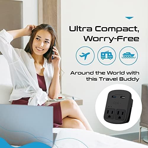 Ceptics World Travel Adapter Kit - QC 3.0 Dual USB + Dual US Outlets, Surge Protection, Perfect For Europe, UK, China, Australia, Japan, Perfect For Laptop, Cell Phones, Cameras - Safe ETL - Black