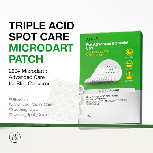 Anua Triple Acid Spot Care Microdart Patch, Deep, Early Stage Spot, 200+ Microdarts with AHA + BHA + PHA, Centella, Hydrocolloid Patch for Overnight, Non-Comedogenic, Korean Skin Care (12ea)