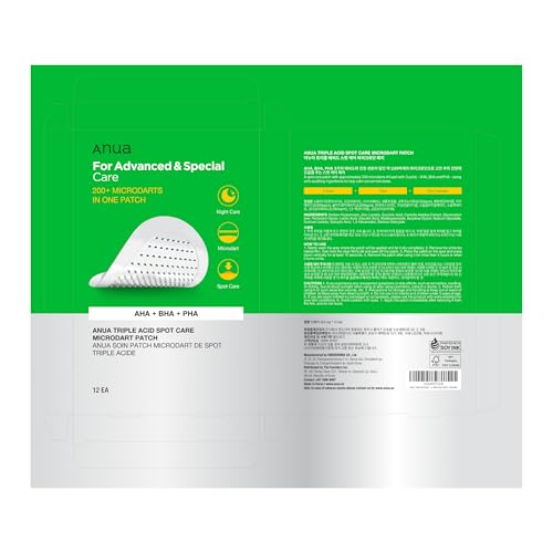 Anua Triple Acid Spot Care Microdart Patch, Deep, Early Stage Spot, 200+ Microdarts with AHA + BHA + PHA, Centella, Hydrocolloid Patch for Overnight, Non-Comedogenic, Korean Skin Care (12ea)