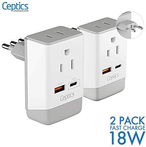 Ceptics Italy, Chile Travel 2 Pack Plug Adapter QC 3.0 & PD, Safe Dual USB & USB-C - 2 USA Socket Compact & Powerful - Use in Rome, Milan, Greece - Type C, Type L - Fast Charging (AP-9C-12-PK)
