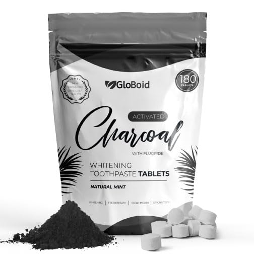 GloBoid Charcoal Toothpaste Tablets with Fluoride Three Month Refill, Zero Waste, Eco Friendly & Plastic Free Toothpaste Tabs, Toothpaste Bites for Travel