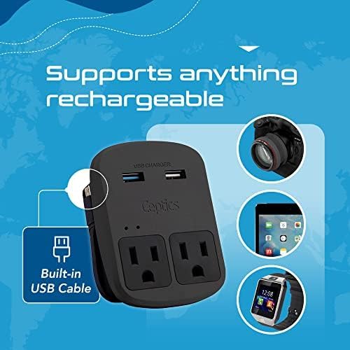 Ceptics World Travel Adapter Kit - QC 3.0 Dual USB + Dual US Outlets, Surge Protection, Perfect For Europe, UK, China, Australia, Japan, Perfect For Laptop, Cell Phones, Cameras - Safe ETL - Black