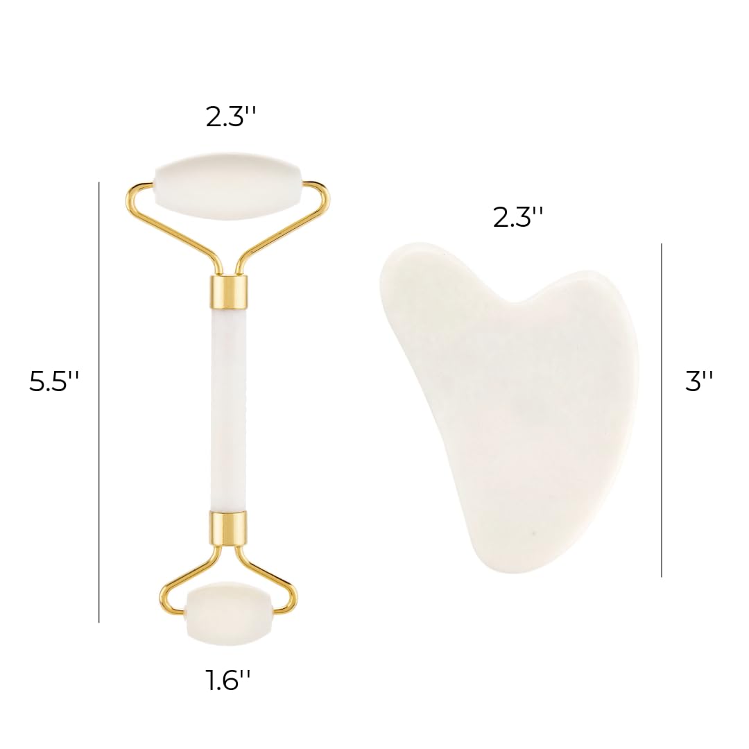 Gua Sha Facial Tools & Jade Roller for Face, Eye & Neck Skin Care, 100% Natural Jade Stone Face Roller Gua Sha Massage Tool, Eye Roller for Puffy Eyes, Facial Self Care Kit for Women (White)