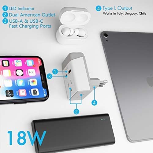 Ceptics Italy, Chile Travel 2 Pack Plug Adapter QC 3.0 & PD, Safe Dual USB & USB-C - 2 USA Socket Compact & Powerful - Use in Rome, Milan, Greece - Type C, Type L - Fast Charging (AP-9C-12-PK)