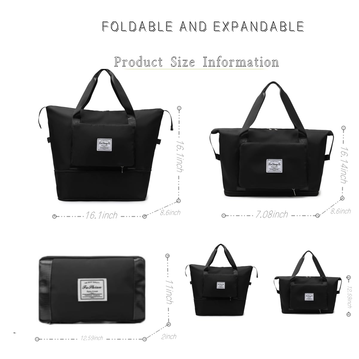 RichMoro Large Capacity Foldable Travel Bag, Expandable lightweight Carry on Bag, Dry with Wet Separation Spor Duffel Bags (Black)