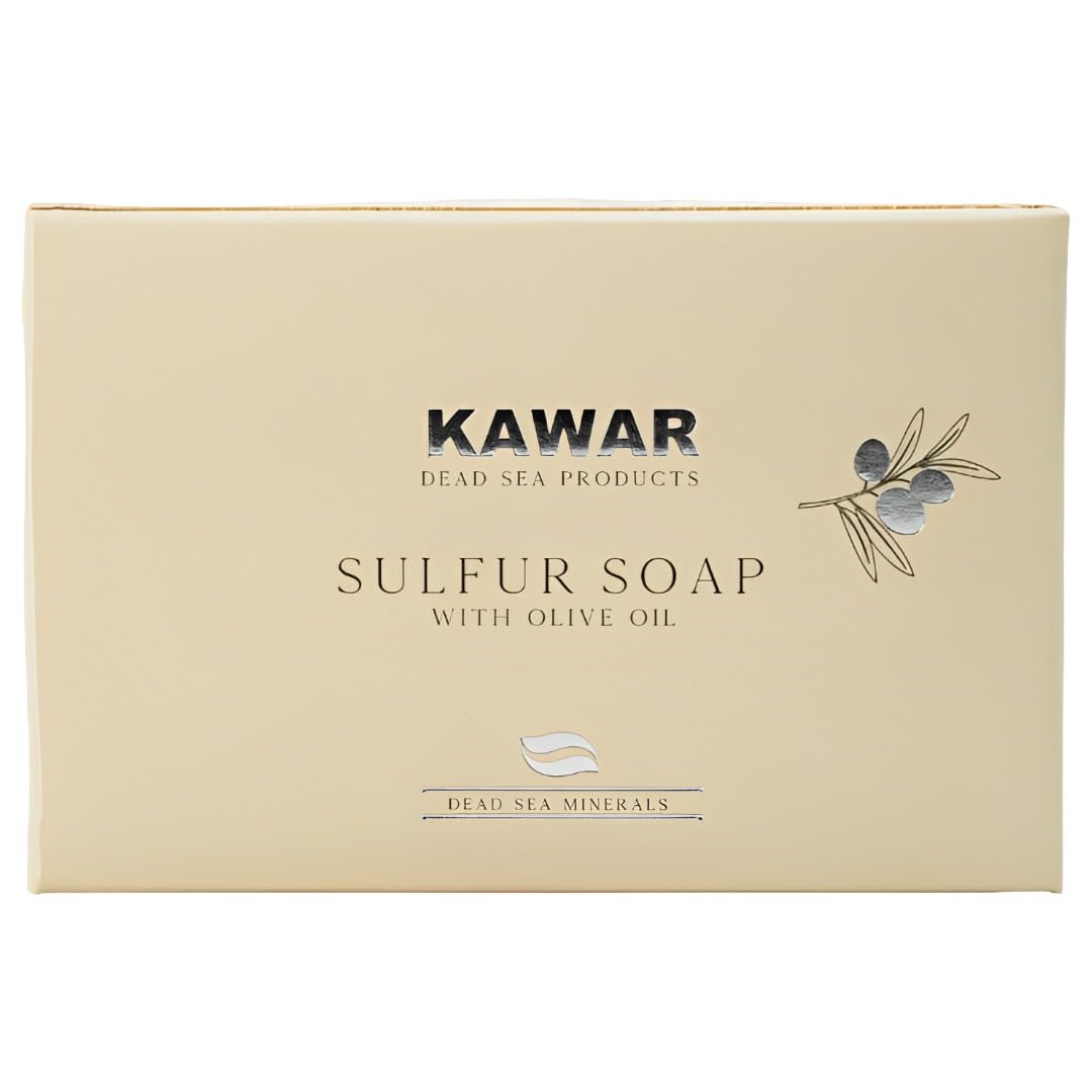 KAWAR Dead Sea Sulfur Soap with Olive Oil, Relief Skin Conditions Such as Acne, Psoriasis, Eczema & Blackheads, for Oily to Normal Skin, Vegan Soap Bar for Men & Women, 4.2 oz