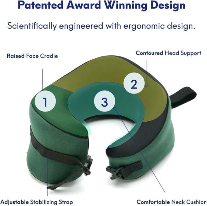 C CUSHION LAB Travel Pillow, Award-Winning Patented Ergonomic Design for Chin & Neck Support Memory Foam Neck Pillow, Compact Airplane Pillow for Traveling, Flight, Car (Hunter Green, Large)