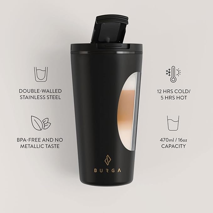 BURGA Travel Mug (16oz) Spill-Proof, Insulated Coffee Mug Scratch-Resistant, Stainless Steel Anti-Slip Tumbler Black