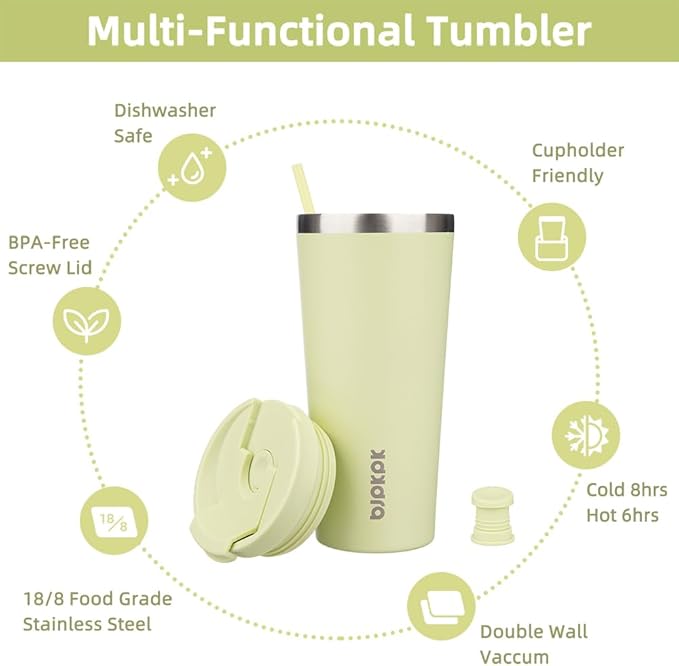 BJPKPK 22oz Insulated Tumbler With lid And Straw Stainless Steel Tumblers Travel Coffee Mug Reusable Thermal Cup,Macaron Green