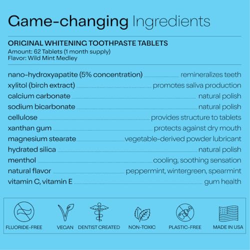 Duo Toothpaste Tablets | Nano-Hydroxyapatite (nHa) Natural Whitening, Remineralize, Reduce Sensitivity | Sustainable & Plastic Free | Dentist Created | Wild Mint Medley - 1 Bottle / 62 Tablets