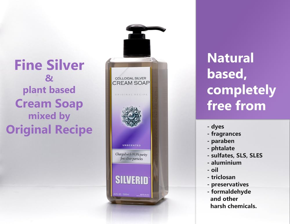 Colloidal Silver Soap, non-camedogenic, unscented, glycerin cream soap, body wash, hand soap, pore cleanser, paraben free, oil free, sulfate SLS free, Premium skin care (16FL OZ) Made in USA