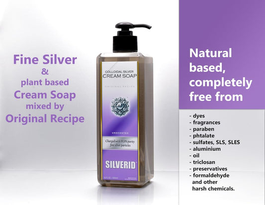 Colloidal Silver Soap, non-camedogenic, unscented, glycerin cream soap, body wash, hand soap, pore cleanser, paraben free, oil free, sulfate SLS free, Premium skin care (16FL OZ) Made in USA
