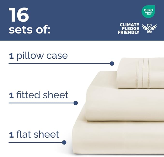 Bulk Case Pack of 16 Sheet Sets - (16) Complete Twin XL Size Sheet Sets w/ Deep Pockets - Wholesale Bulk Bedding for Hotels, Spas & Airbnbs - Breathable, Cooling & Wrinkle Free - (Twin XL, Off White)