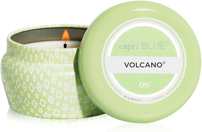 Capri Blue Volcano Scented Mini Tin Jar Candle - Printed Mini Tin Candles for Home Scented with Tropical Fruit & Sugared Citrus - Long Lasting Soy Wax Blend (Iced Matcha Green, 3 oz)