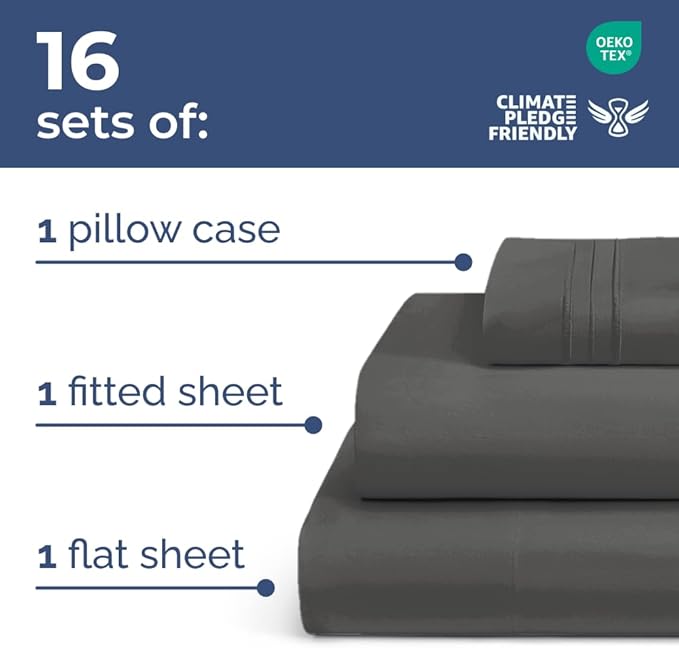 Bulk Case Pack of 16 Sheet Sets - (16) Complete Twin Size Sheet Sets with Deep Pockets - Wholesale Bulk Bedding for Hotels, Spas & Airbnbs - Breathable, Cooling, Soft & Wrinkle Free - (Twin, Charcoal)