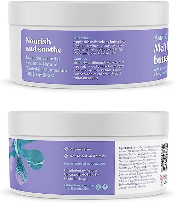 ASUTRA Magnesium Body Butter Lotion with Lavender Scent, 7 oz - Soothing Shea Butter & Almond Oil Moisturizer, Premium-Quality Magnesium, Lavender Essential Oil