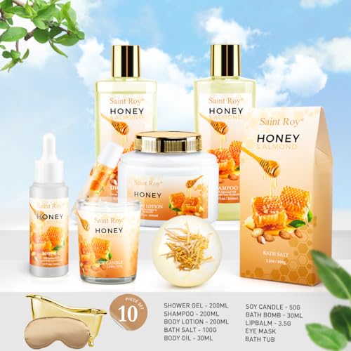 Bath & Body Gift Set, Luxury Home Spa Bath Gift Basket, Honey Almond Scented Bath Set, Pamper Gifts for Women Birthday gifts & Teens, Christmas Spa Gift, Home Spa Gifts for Women Men Dad