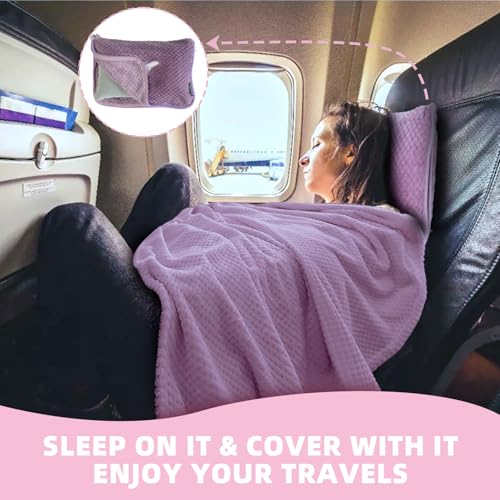 Nenolix 3 in 1 Travel Blanket Pillow Set - 350 GSM Thick Travel Blanket Airplane Compact with Bag, Soft Bag with a Pocket, Inflatable Travel Pillow for Camping & Car Trip (Violet)