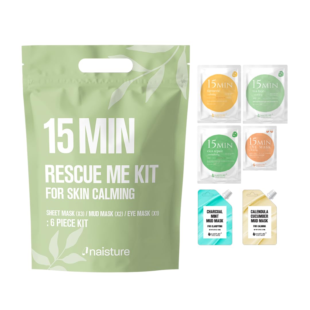 15 Min Rescue Me Kit by Naisture – Korean Spa and Skincare Kit for Women with Cica, Turmeric, and Tea Tree Sheet Masks, Eye Mask, Calendula Cucumber Mask, and Charcoal Mint Mud Mask for Redness Repair