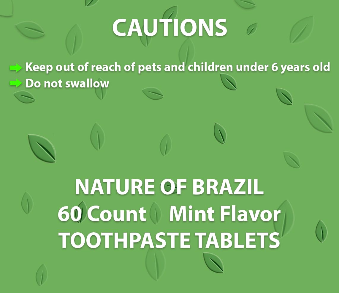 Nature of Brazil Toothpaste Tablets – Mint Flavor – 60 Count – Fluoride-Free, SLS-Free, Natural Whitening, Travel-Friendly – Made in USA