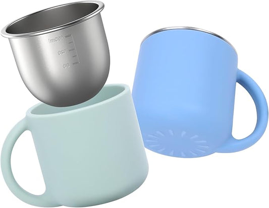 2-IN-1 Open Toddler Cups, Stainless Steel Baby Cup + Silicone Training Cup for Toddlers Kids Babys, No Plastic | No Soap Smell | Shock-Proof Feeding Essentials, 2-Pack Blue/Sage