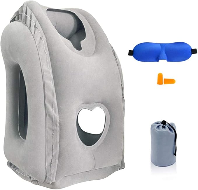 Inflatable Travel Pillow, Airplane Pillow with Patented Valve Design, Travel Accessories with Neck and Head Support, Travel Pillows for Long Haul Flights, Cars, Buses, Trains, Office Napping
