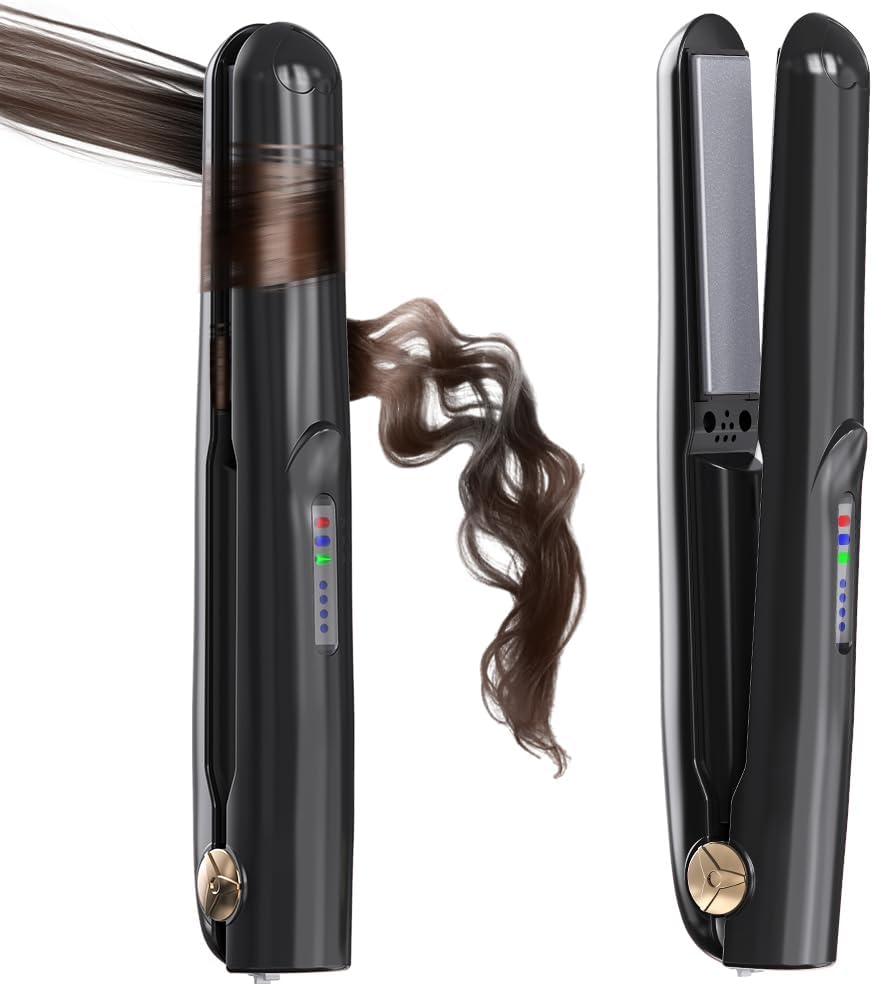 Cordless Hair Straightener and Curler 2 in 1 Ceramic Flat Iron Mini Cordless Portable Travel Hot Tools Straight Curl for Women Men USB Rechargeable with Pouch (Black)