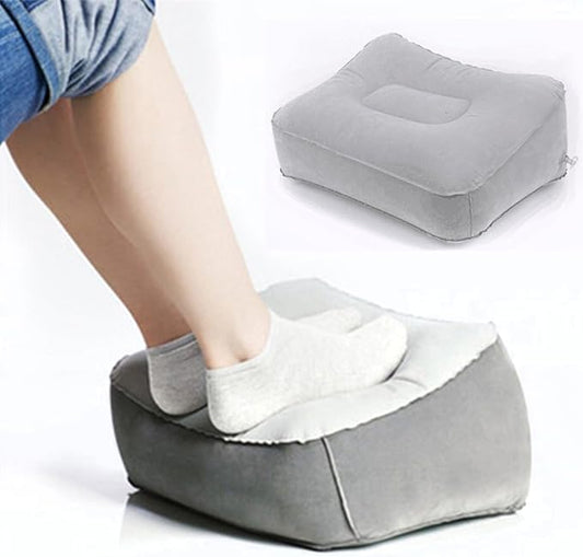 Inflatable Travel Foot Rest Pillow, Head Pad, Soft Flocking Pillow, Flights Relax Cushion Ottomans Leg Up with Air Pump for Office, Home Relax, Camping and Travel Use (Gray) 1PCS