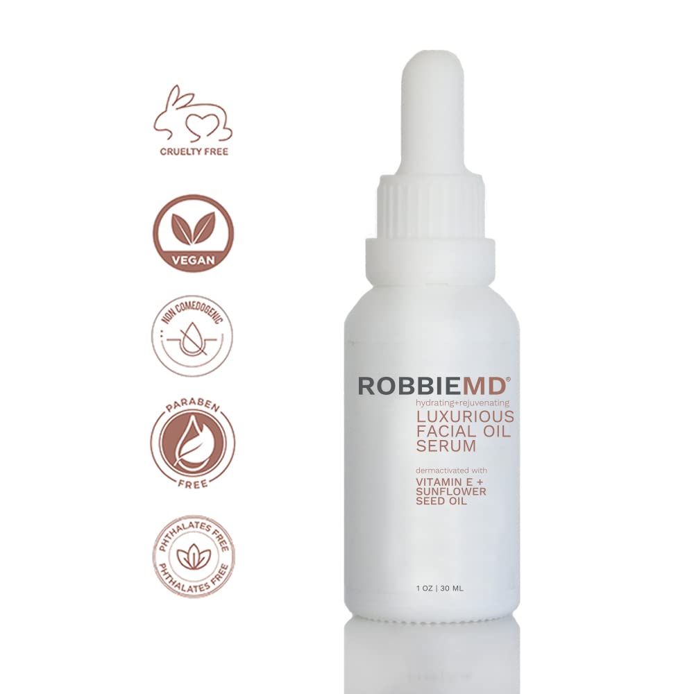 RobbieMD Luxurious Facial Oil Serum, Cold Pressed Organic Sunflower Oil and Vitamin E for Deep Hydration, Soothe Protect Skin Barrier Even Out Skin Tones (1 oz/30 ml)
