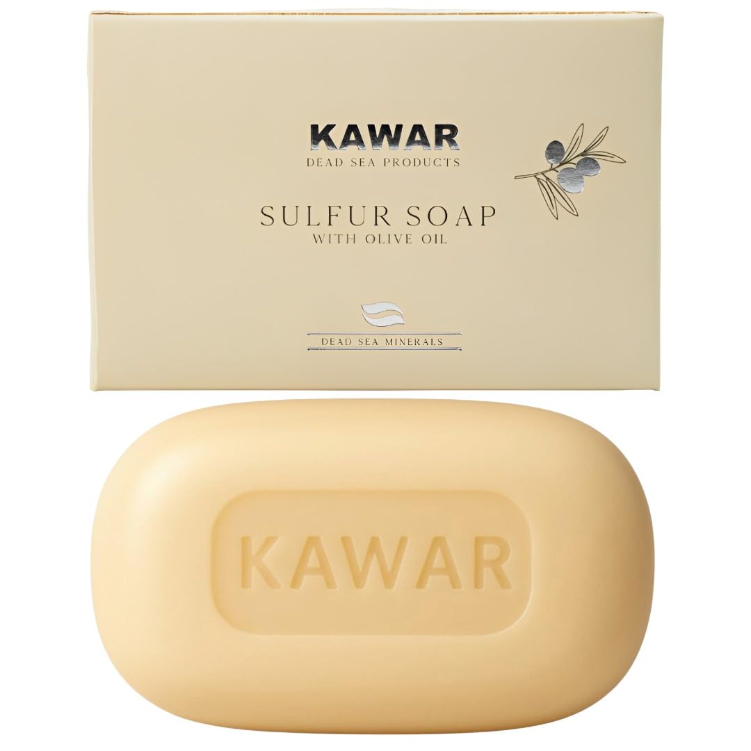 KAWAR Dead Sea Sulfur Soap with Olive Oil, Relief Skin Conditions Such as Acne, Psoriasis, Eczema & Blackheads, for Oily to Normal Skin, Vegan Soap Bar for Men & Women, 4.2 oz
