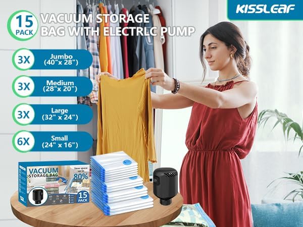 15 Pack Vacuum Seal Bag for Clothing with Electric Air Pump,Space Saver Vacuum Storage Bags for Clothes,Mattress, Blanket, Duvets, Pillows(3 Jumbo/3 Large/3 Medium/6 Small Bags)