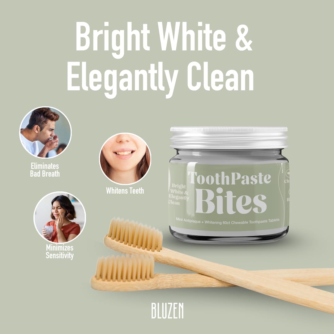 Whitening Toothpaste Tablets with Nano Hydroxyapatite, Fluoride Free, Plastic Free, Eco & Best Travel Friendly Chewable Mint Toothpaste Bites | 62 Count