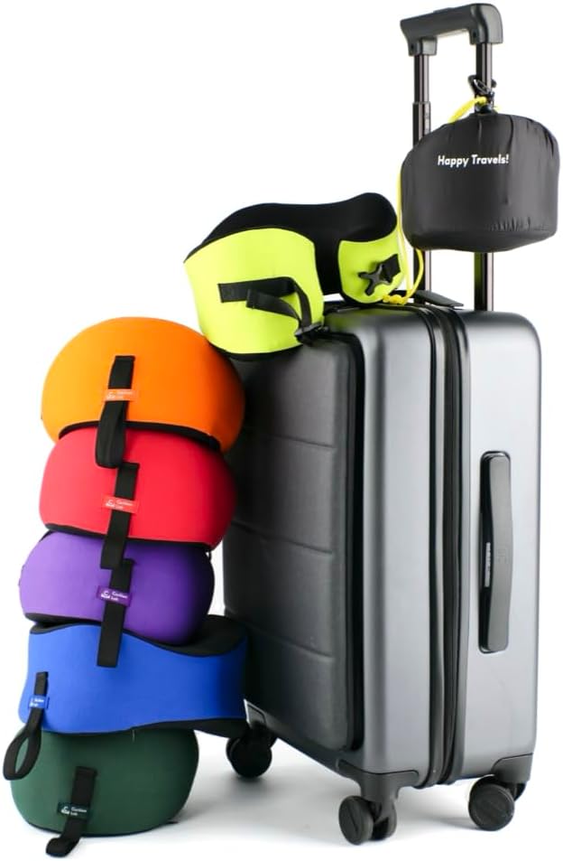 C CUSHION LAB Travel Pillow, Award-Winning Patented Ergonomic Design for Chin & Neck Support Memory Foam Neck Pillow, Compact Airplane Pillow for Traveling, Flight, Car (Dynamic Orange, Medium)