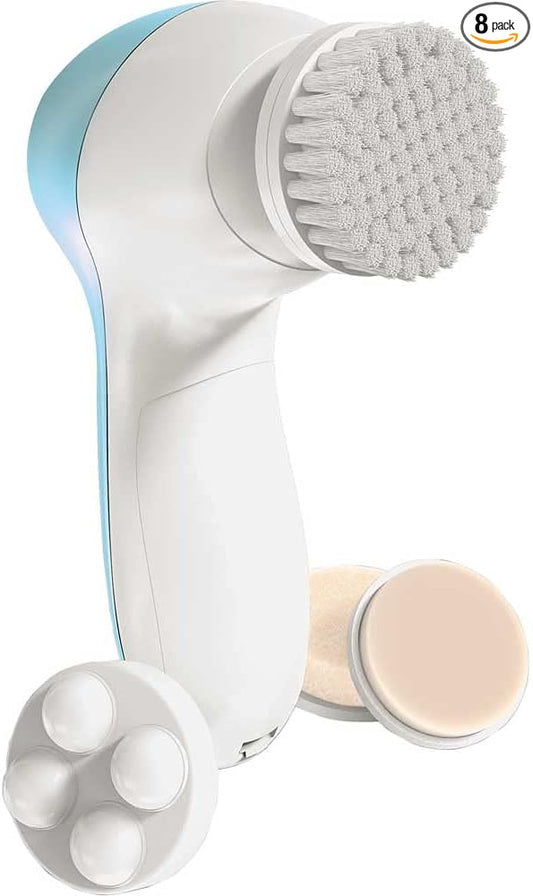 Bella Ciao 6-Piece Facial Cleansing and Exfoliating Set with Soft Facial Brush, Rolling Massager Head, Latex Sponge, Makeup Sponge, and Callus-Remover Disc, Batteries Not Included, Blue