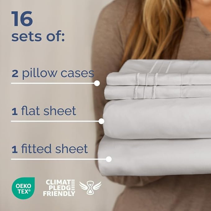 Bulk Case Pack of 16 Sheet Sets - (16) Complete Full Size Sheet Sets with Deep Pockets - Wholesale Bulk Bedding for Hotels, Spas & Airbnbs - Breathable, Cooling & Wrinkle Free - (Full, French Grey)