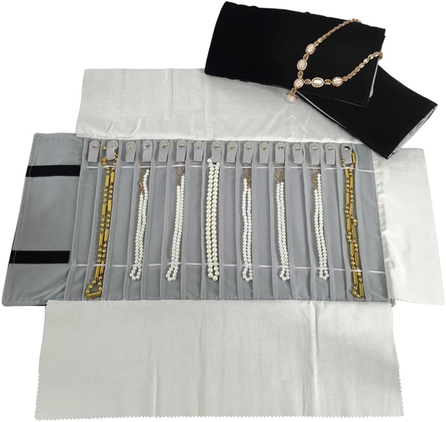 SCIKHEFT Portable Jewelry Roll Untangled Secure Necklace Travel Storage Bag Displays Holder 16 Chain (Black and Gray)