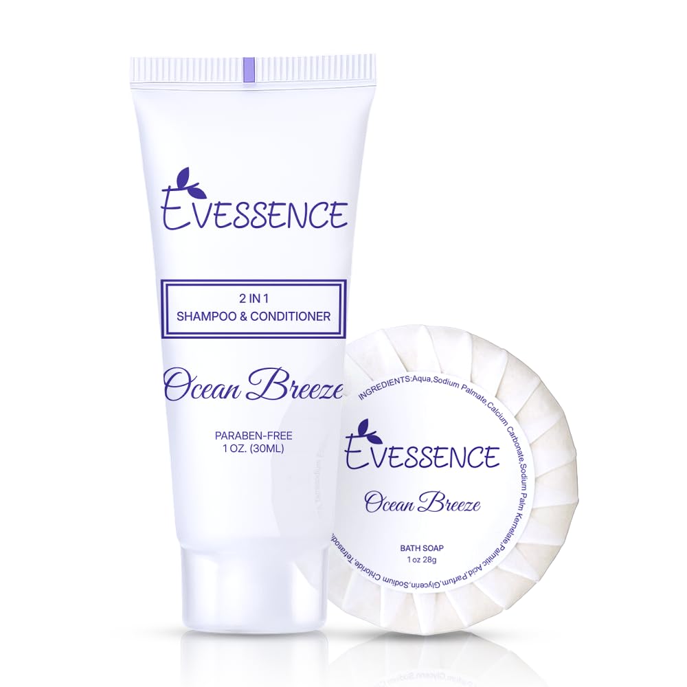 Evessence Bath Soap & Shampoo Set, 1 oz Each, 100 Piece Hotel Amenities, Round Bars