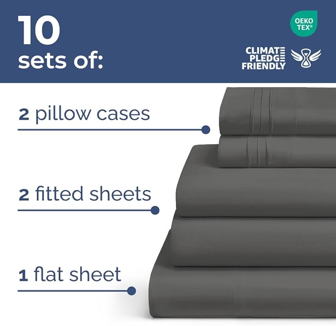 Bulk Case Pack of 10 Sheet Sets - (10) Complete Split King Size Sheet Sets w/ Deep Pockets - Wholesale Bulk Bedding for Hotels, Spas & Airbnbs - Breathable and Wrinkle Free - (Split King, Charcoal)