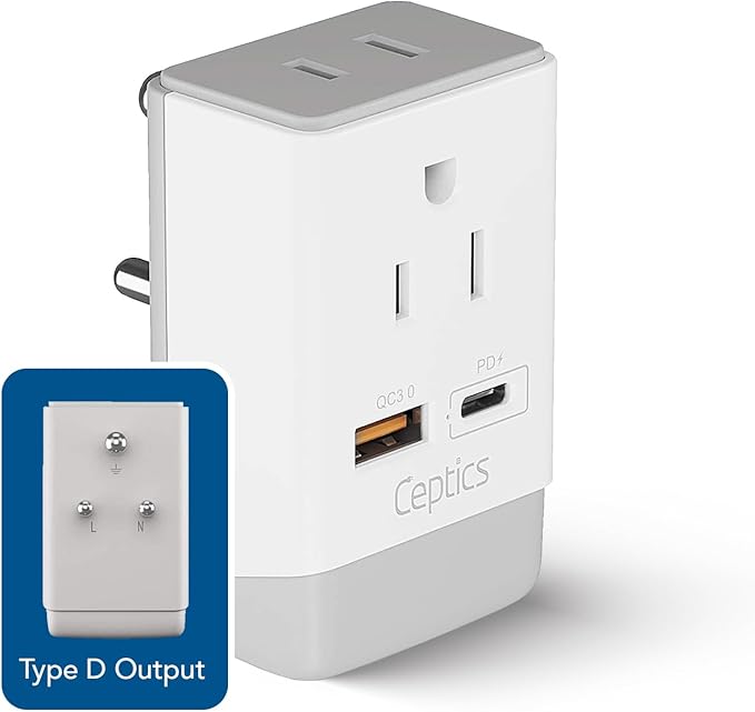 Ceptics US to India Plug Adapter, Type D Plug Adapter QC 3.0 & PD, Safe USB & USB-C 18W, India Plug Adapter Fast Charging - 2 USA Socket Compact & Powerful - Use in Pakistan Nepal Sri Lanka - AP-10