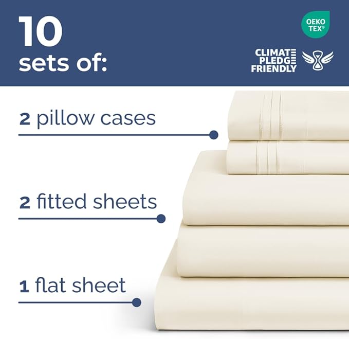 Bulk Case Pack of 10 Sheet Sets - (10) Complete Split King Size Sheet Sets with Deep Pockets - Wholesale Bulk Bedding for Hotels, Spas & Airbnbs - Breathable & Wrinkle Free - (Split King, Off White)