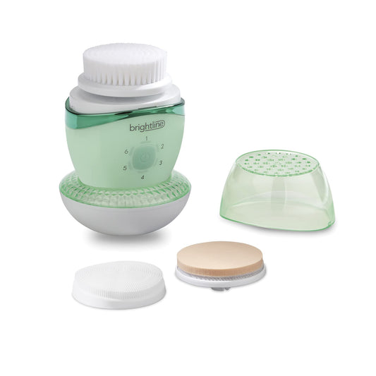 Brightline Sonic Rechargeable Electric Facial Cleansing Brush System, Face Exfoliator with 6 Intensity Settings, 3 Scrub Brush Heads, Green