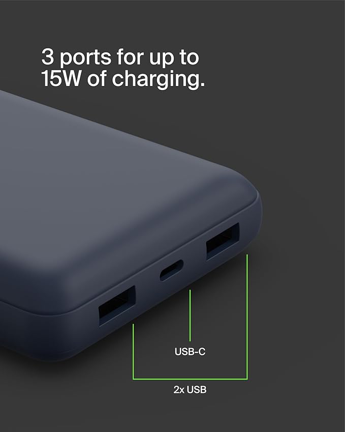 Belkin Portable Charger, USB C Power Bank 20000 mAh w/ 2 USB-A Ports, 15W w/ Type-A to Type-C Cable for iPhone 17, Air, Pro, Pro Max, Samsung Galaxy S25, S24, Google Pixel 10, iPad, etc. - Blue