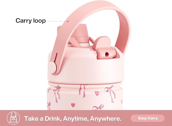 26 oz Insulated Water Bottle with 2-in-1 Straw and Spout Lid, Keep Cold 24H, Leak-Proof, Fits in Car Cup Holder, Stainless Steel Water Bottle for Sports, Travel, and School (Sweetheart Bow)