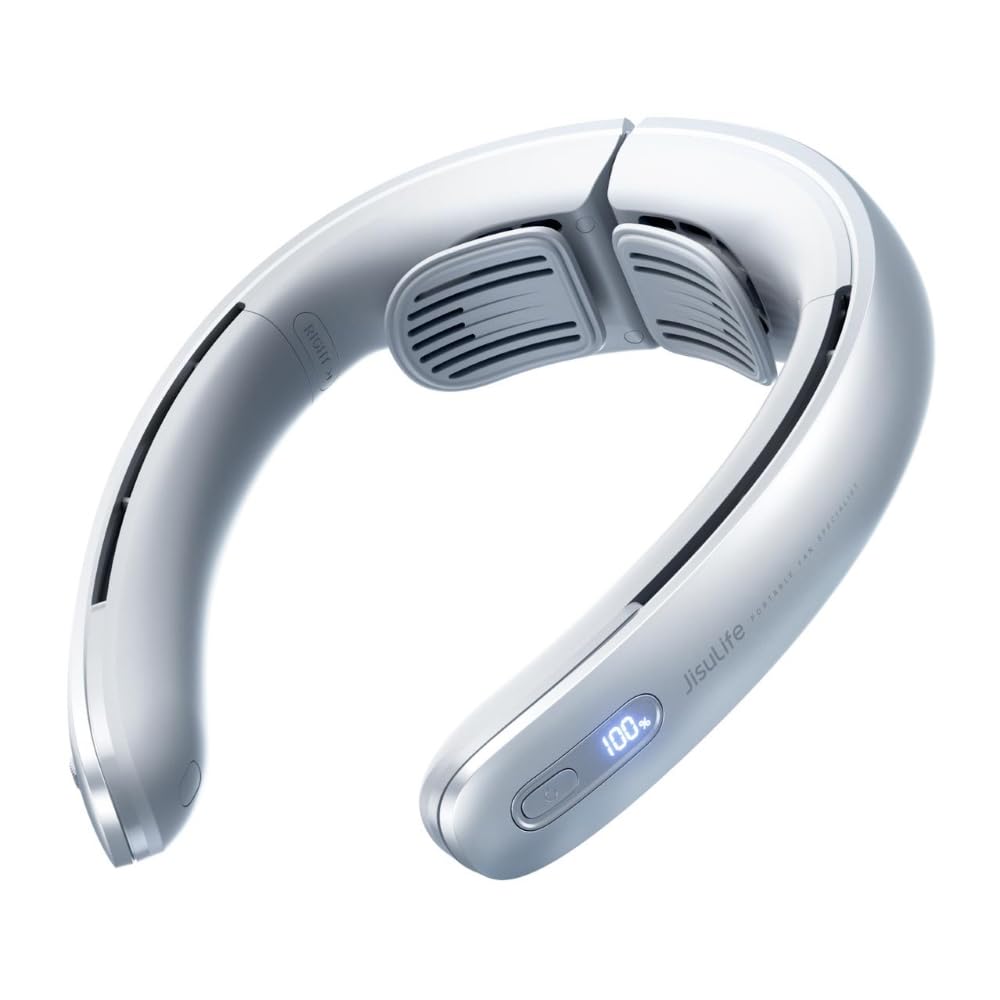 JISULIFE Portable Neck Fan, Upgraded 100 Speeds Personal Bladeless Fan Wearable with Neck Brace, LED Display, 5000mAh Rechargeable Battery Operated, Gifts for Women Men-Grey