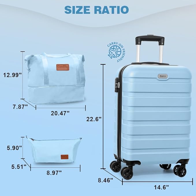 AnyZip Luggage Set 20 Inch Carry on Luggage PC ABS Hardshell Lightweight Suitcases for Travelling with 4 Universal Wheels TSA Lock Light Blue