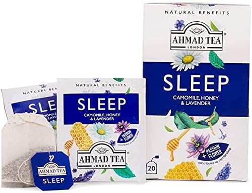 Ahmad Tea Herbal Tea, Camomile, Honey, & Lavender 'Sleep' Natural Benefits Teabags, 20 ct (Pack of 1) - Decaffeinated & Sugar-Free