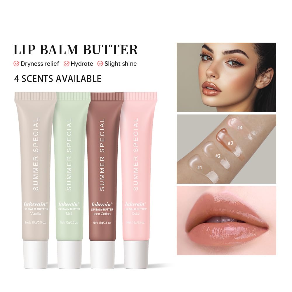 4Pcs Summer Tinted Lip Butter Balm - Ultra-Hydrating, Nourishing Lip Care with Natural Ingredients, Soothes & Softens Dry Lips, Birthday Cake with Slight Shine (Vanilla+Mint+Coffee+Cake, 4Pcs)